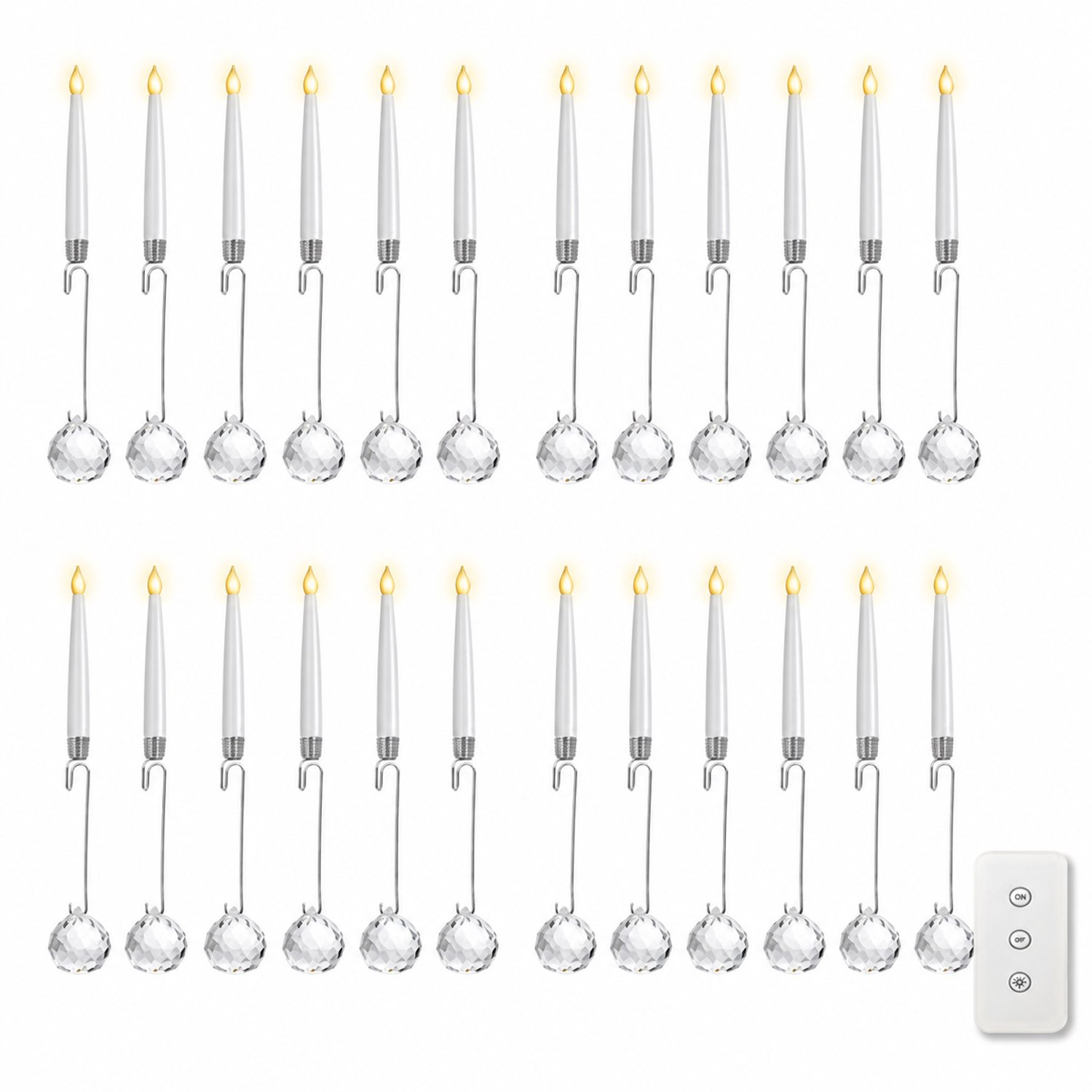 SWGOTA led kaarsen, 24 stuks, witte kaarsvorm met warm vlamvormig licht, haken en gefacetteerde bolhangers, inclusief afstandsbediening