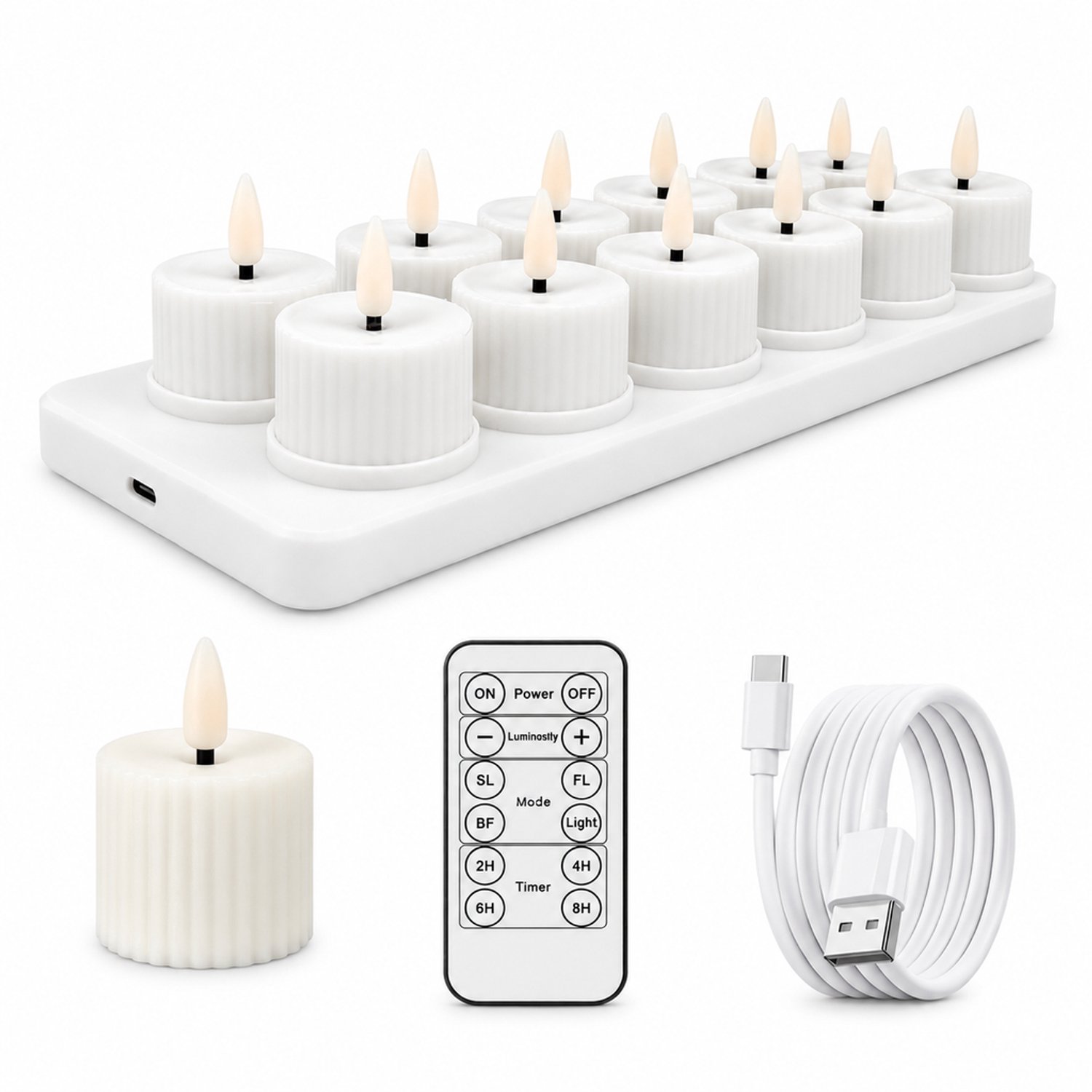 SWGOTA led kaarsen, set van 12 witte geribbelde theelichtjes met warm licht, afstandsbediening en dimfunctie, USB-C-oplaadbaar, inclusief oplaadbasis met 2 rijen van 6 en kabel