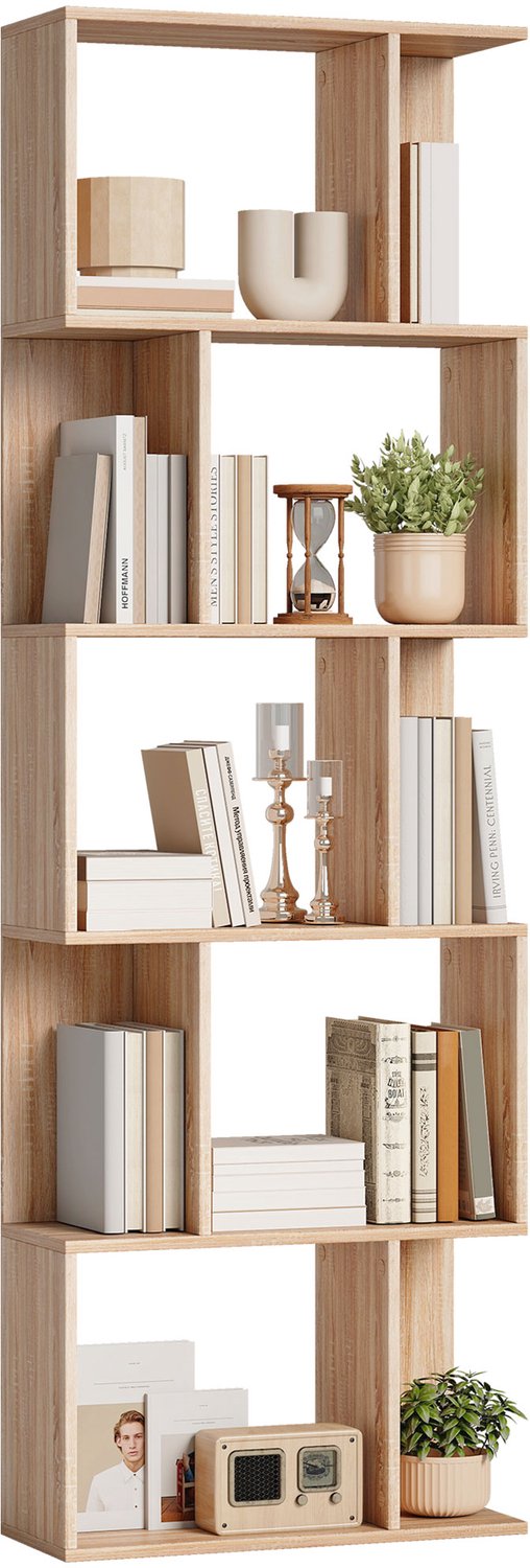 Lunpog Boekenkast met 5 niveaus - S-vormig opbergmeubel met planken - 60 x 24 x 184,5 cm - natuurlijke houtlook Natuurlijke houtkleur