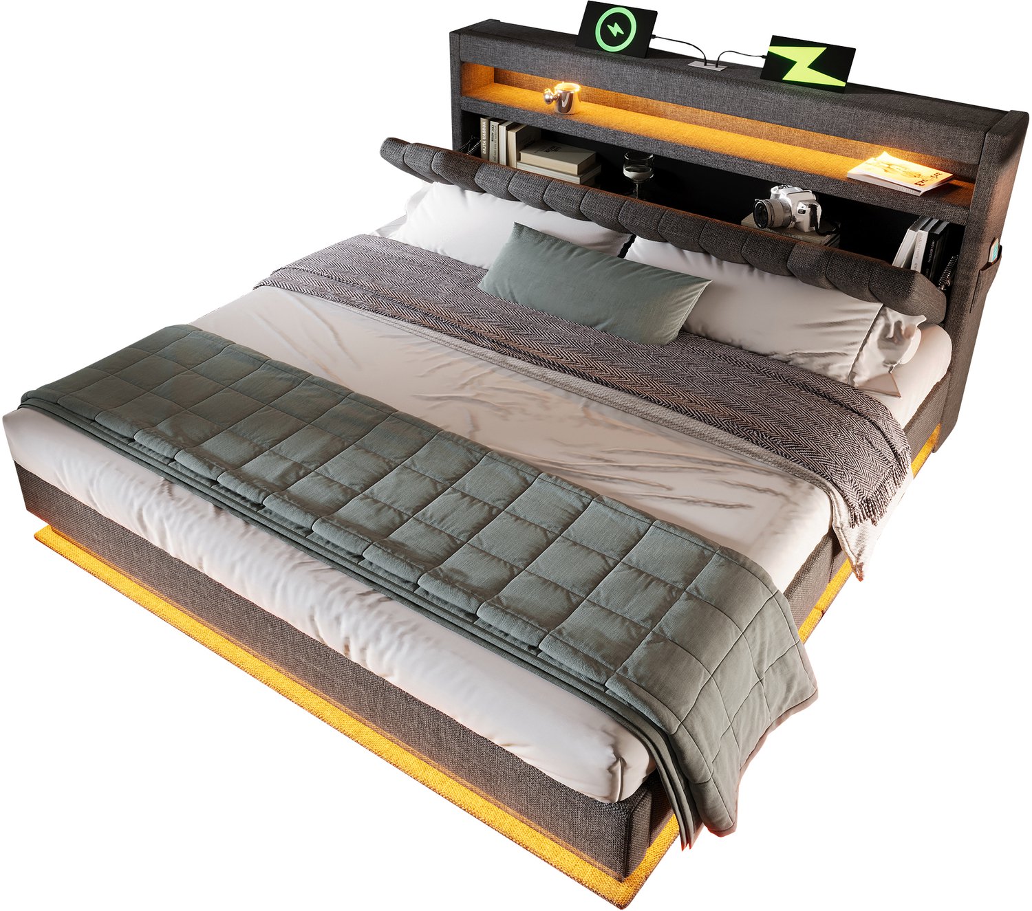 MUVANO Gestoffeerd bed 140x200 met opbergruimte en matras - Tweepersoonsbed - USB en USB-C - Ledverlichting - Linnen - Hydraulisch - Slaapkamer grijs