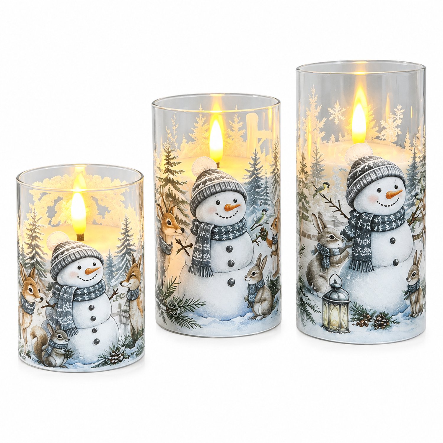 SWGOTA led kaarsen, set van 3 met sneeuwpopprint, warm licht, batterijvoeding en handmatige bediening, zonder batterijen Bruin
