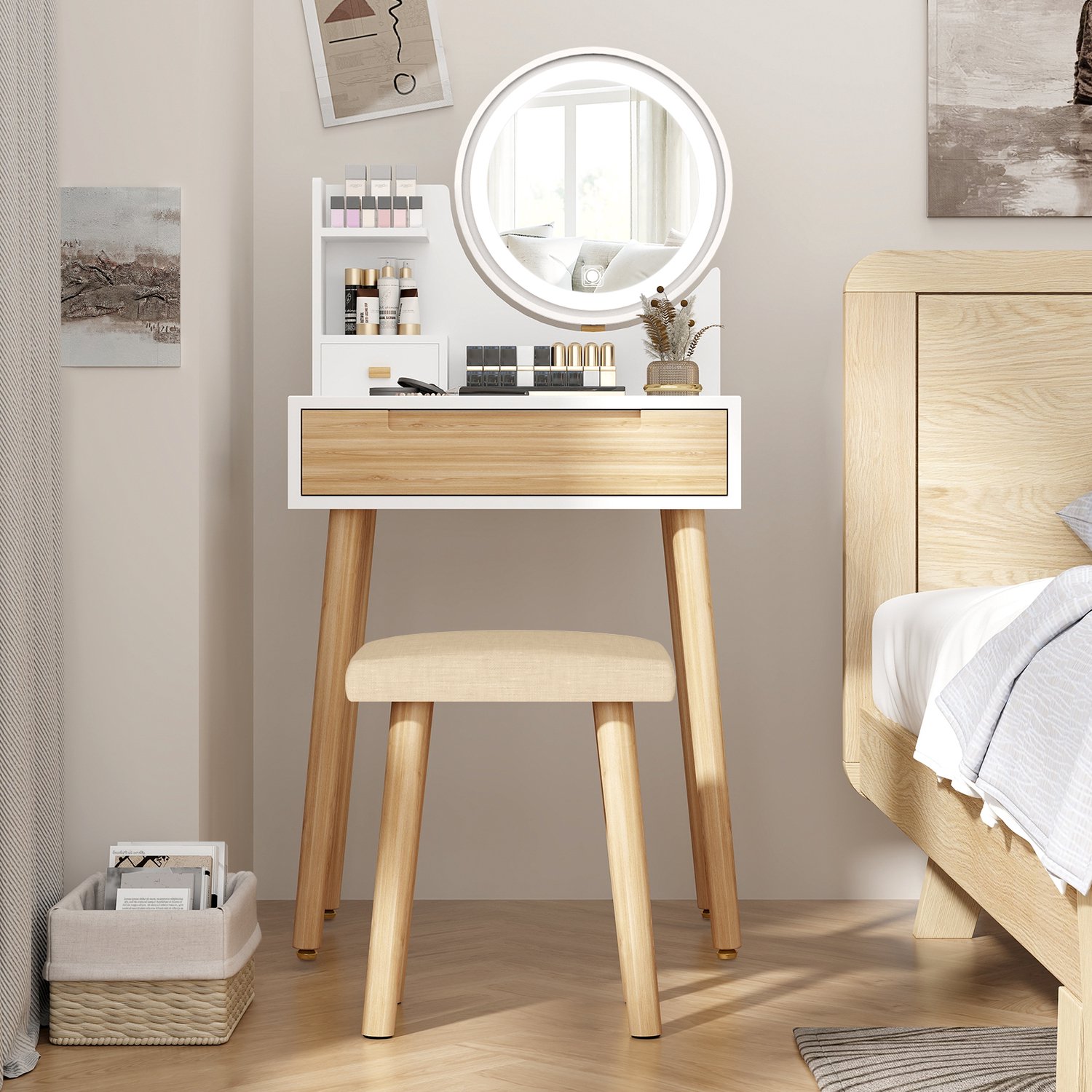 Puluomis Kaptafel - Ronde LED-spiegel - 1 lade - Krukje - Hout - 60x40x128cm Wit