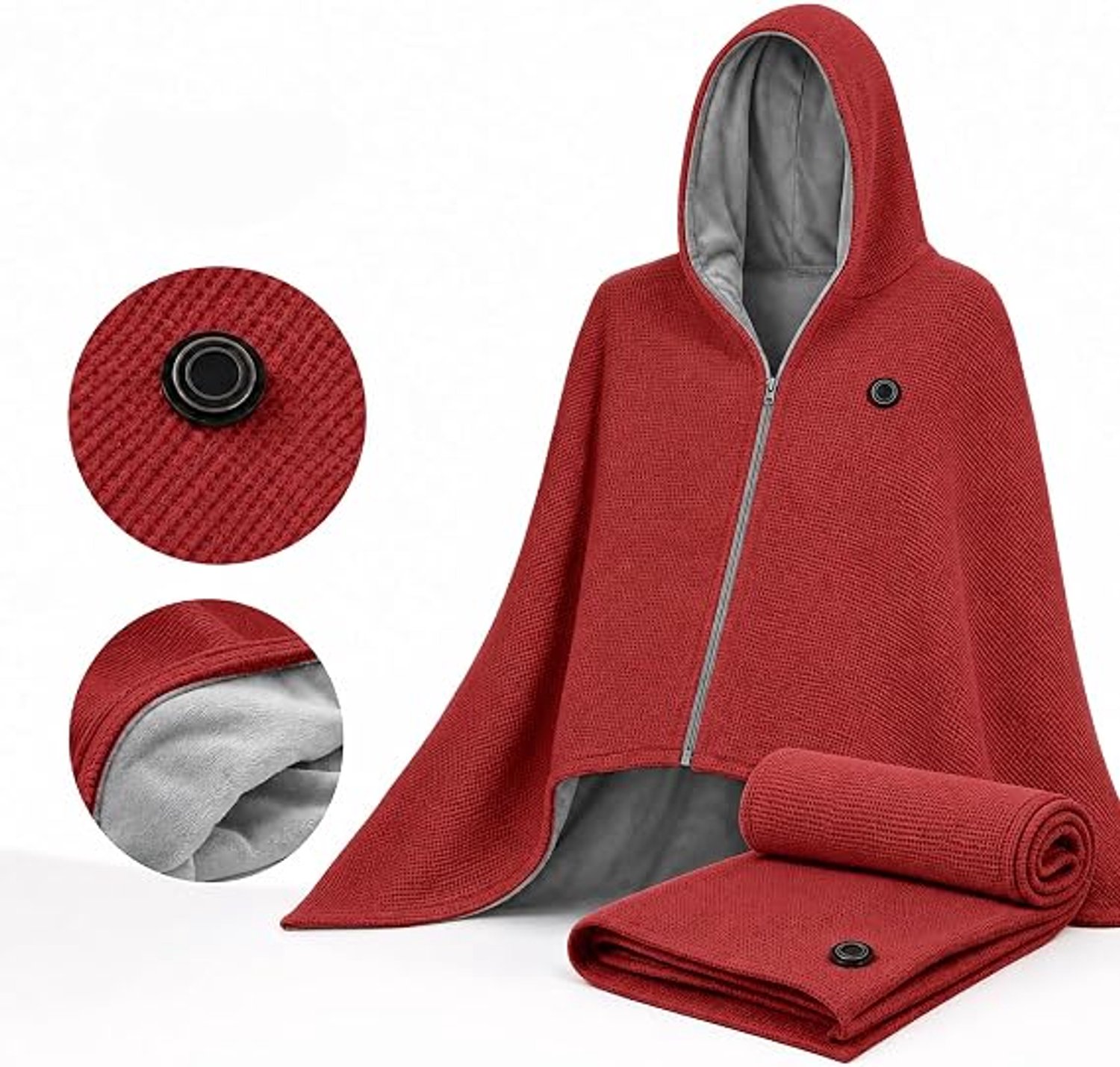 Elektrische deken - Verwarmde deken in cape-stijl - Verwarmde Schoudermantel - Verwarmde Hoodie Deken - Verwarmde deken - 3 Standen - USB-opladen - Snelle verwarming - Kerstcadeau - Geschikt voor gebruik buitenshuis en binnenshuis - Rood - 150x80cm – foto 7