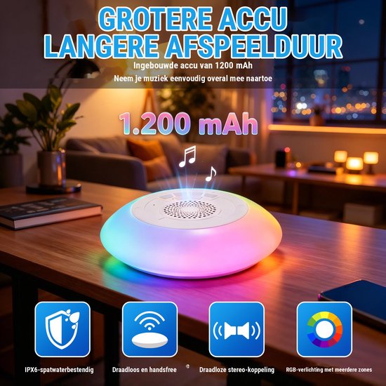 Waterdichte Bluetooth luidspreker IP68 - Draadloze draagbare audio - met ledverlichting - Luidspreker - 360 Surround Sound - Geschikt voor badkamer, zwembad, auto, strand, binnen- en buitengebruik - Wit — afbeelding 4
