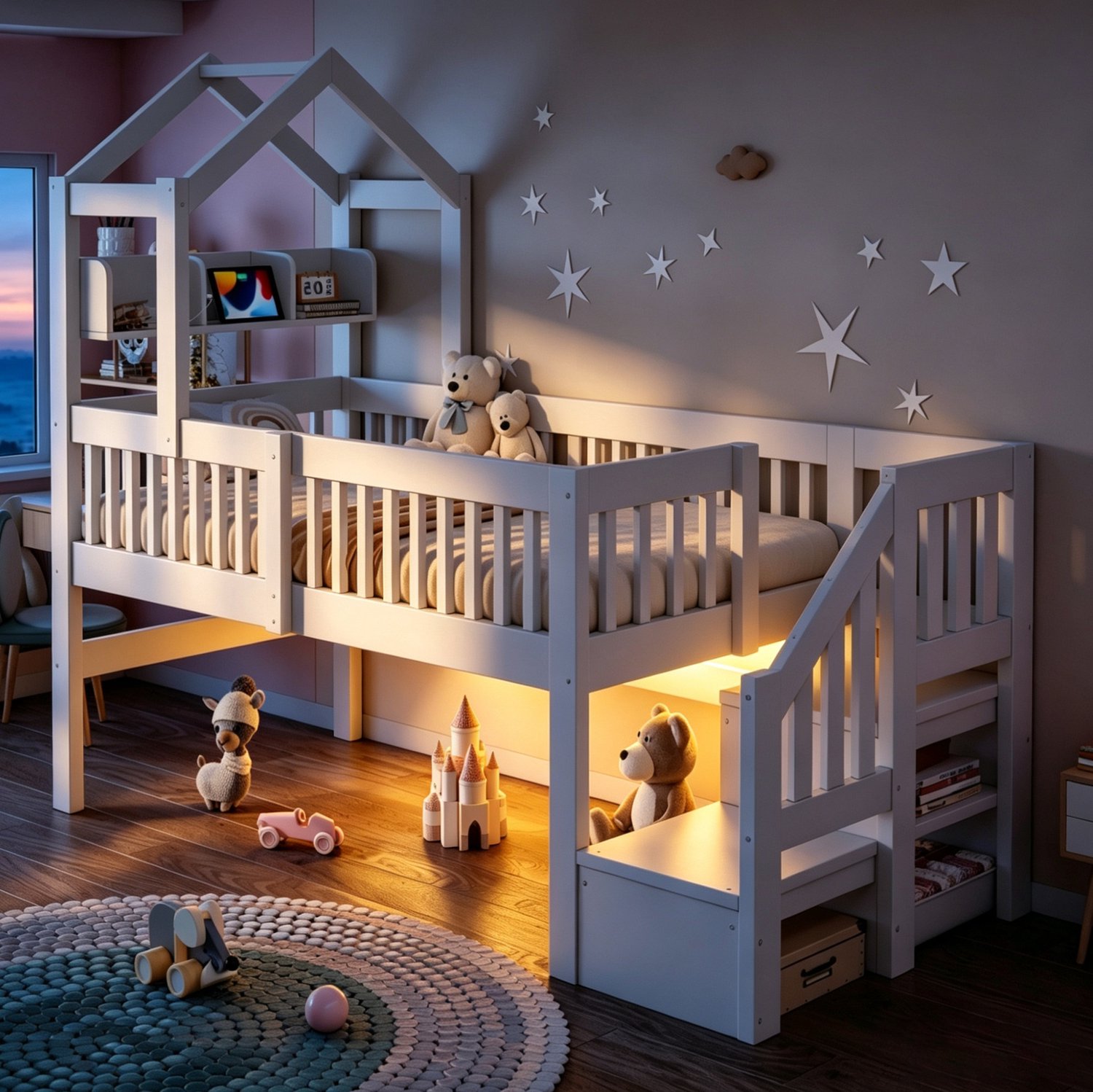FloraGrace Halfhoogslaper 90x200 cm - Kinderbed met Dakframe en Veiligheidshekje - Opbergladder en Ledverlichting - Hout - Zonder Matras - Wit