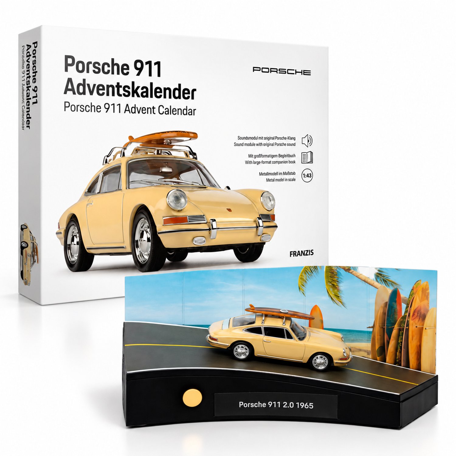 Franzis Adventskalender - 67263 Porsche 911 met Surfplank - Champagnegeel - Adventskalender met Geluid Metalen