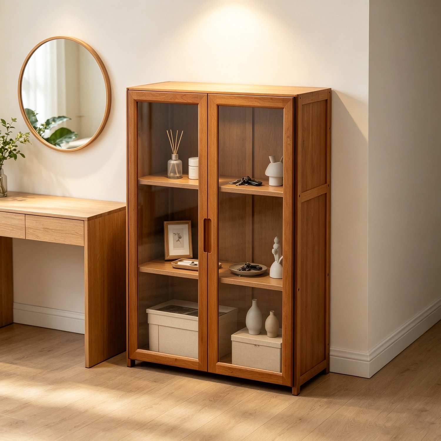 Houten vitrinekast 3 lagen 60*30*78 cm met glazen deuren hoge boekenkast en opbergkast