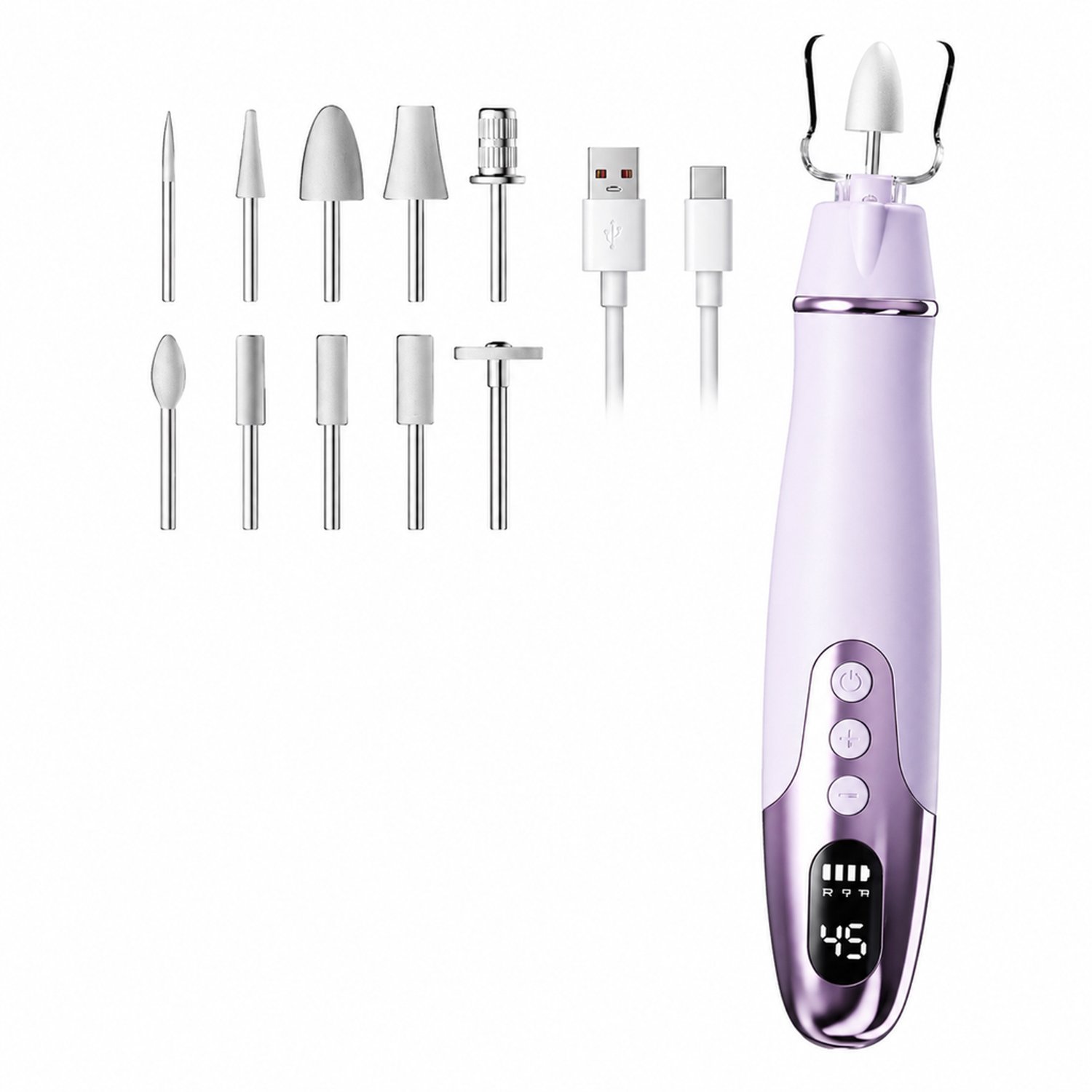 elektrische nageltrimmer - 10 slijpkoppen - 0-45 snelheidsstanden - opladen via Type-C - paarse kunststof uitvoering