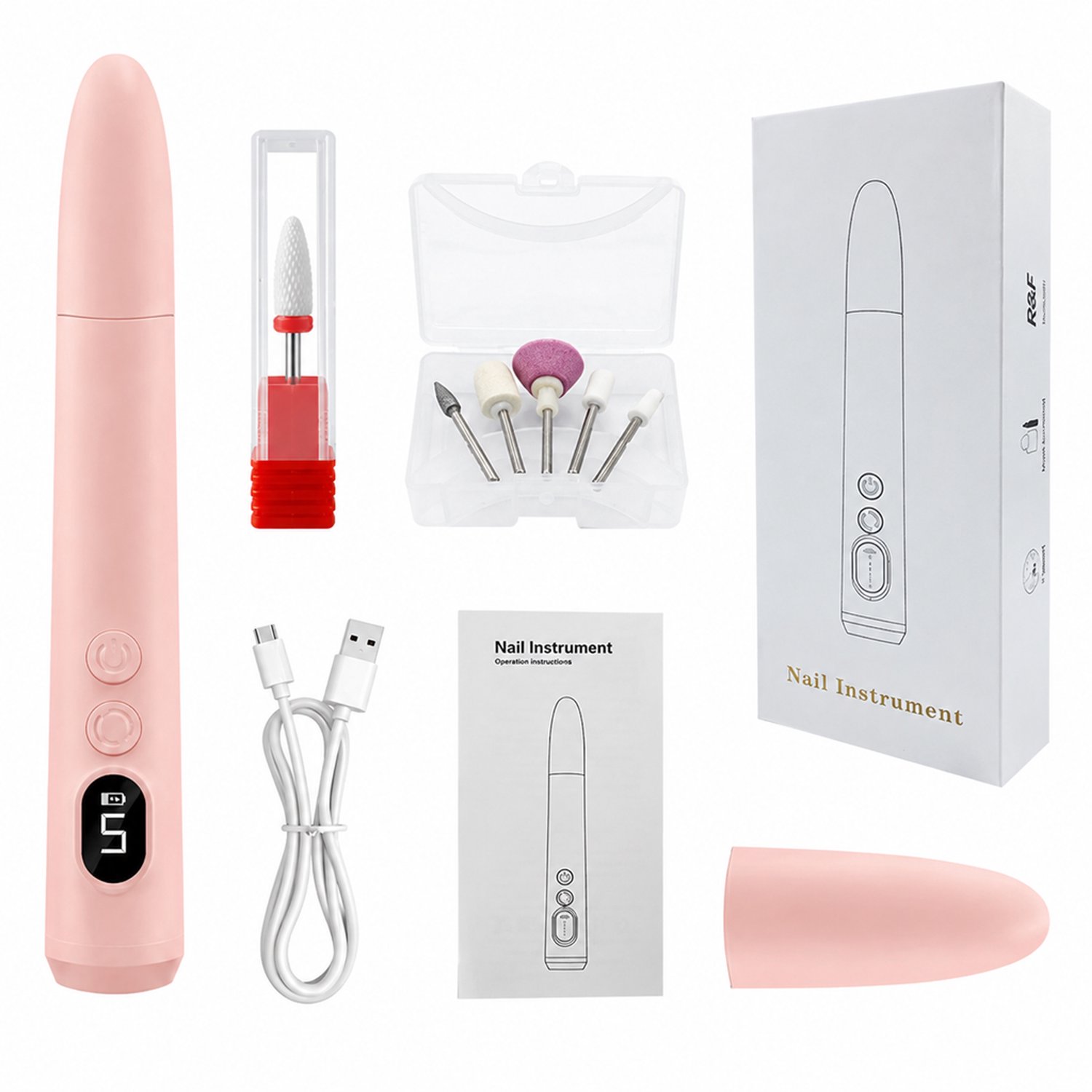 elektrische nageltrimmer - oplaadbaar met lithiumbatterij - meerdere snelheden - draagbare manicurepen - roze kunststof uitvoering met 6 slijpkoppen