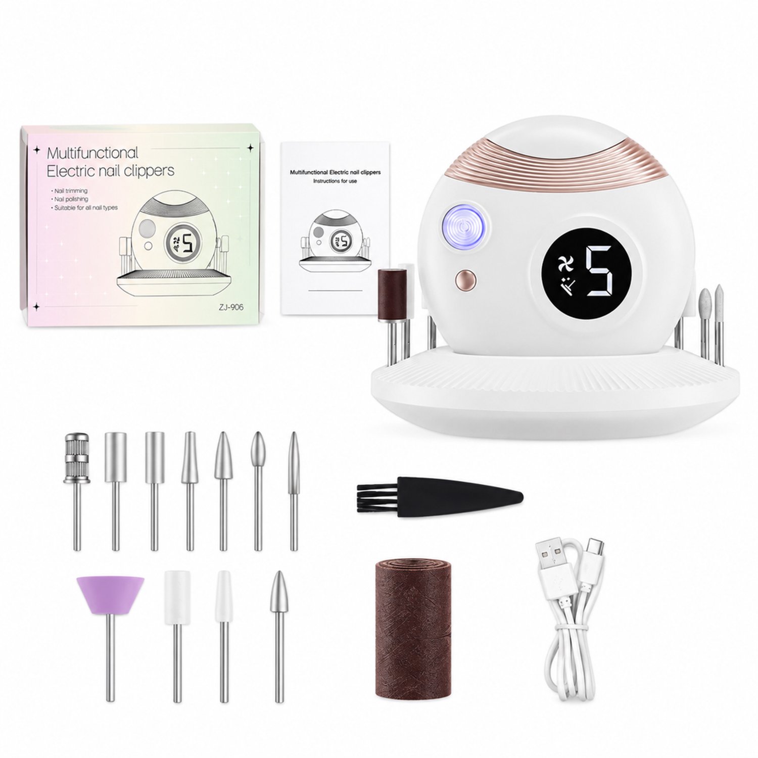 elektrische nagelknipper - Wit, nettogewicht 105g - Minimalistisch ontwerp - Voor dagelijks thuisgebruik - Inclusief datakabel, handleiding en accessoires