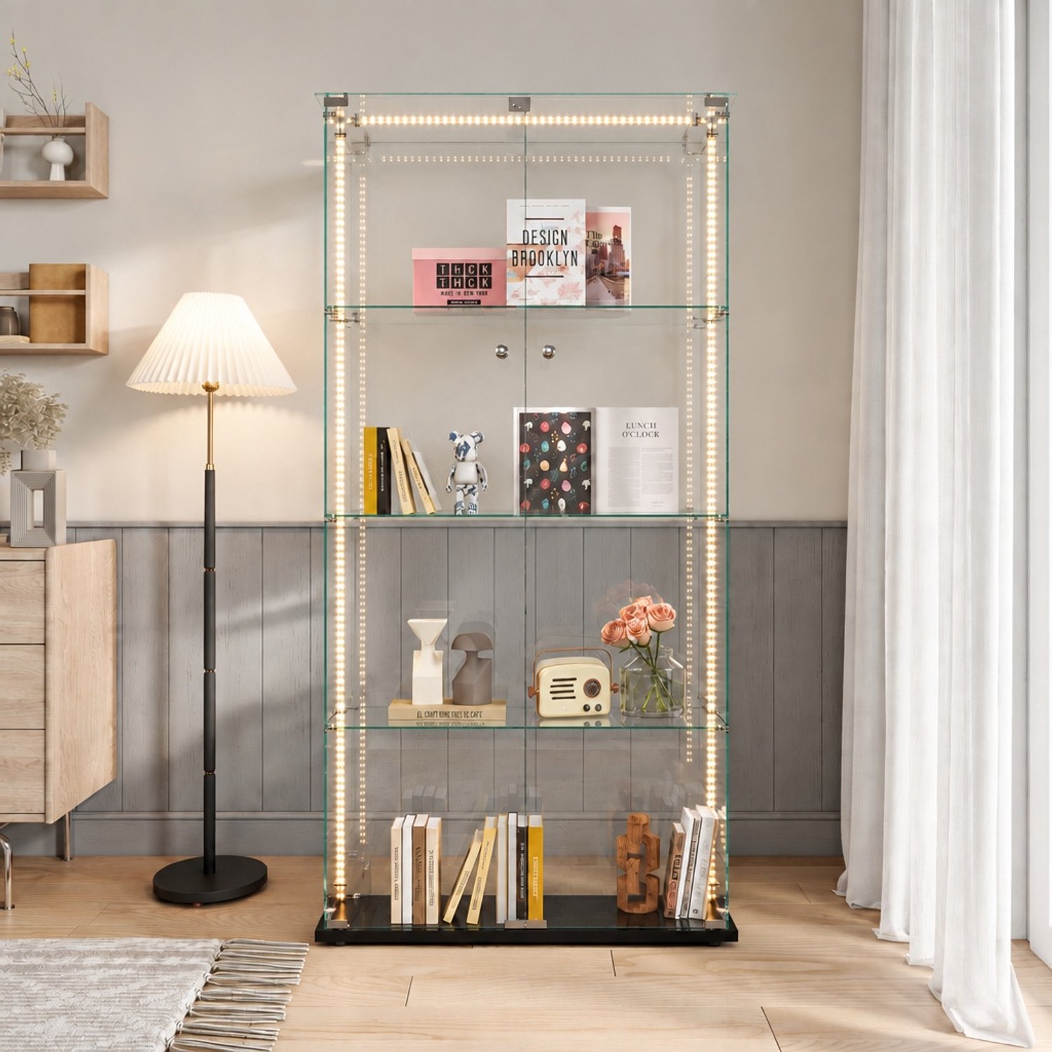 Glazen vitrinekast met LED-verlichting, Grote standvitrine met 4 verstelbare planken en 2 deuren, Moderne display kast voor verzamelingen, Zwart