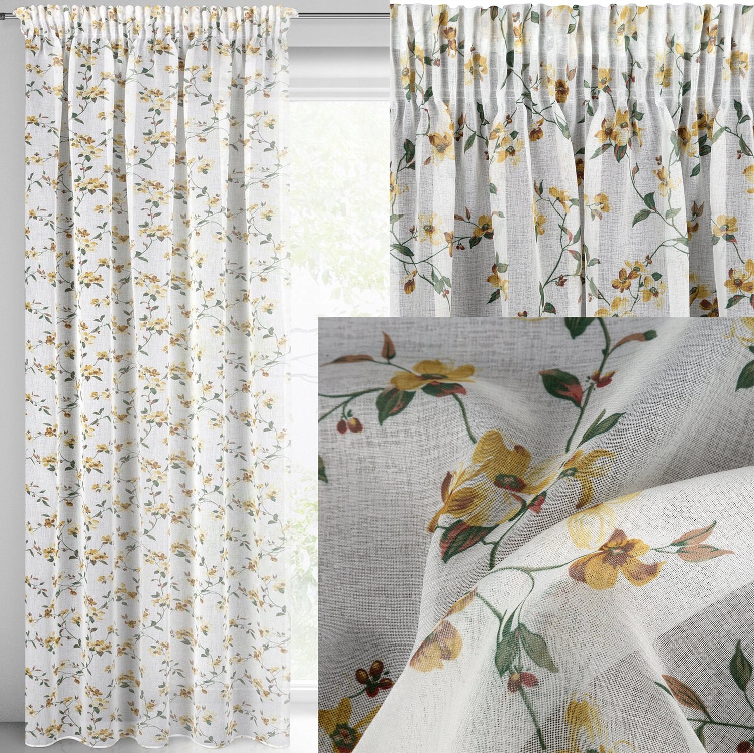 Kant-en-klare Gordijn 140x270cm - Wit met mosterdgele bloemen