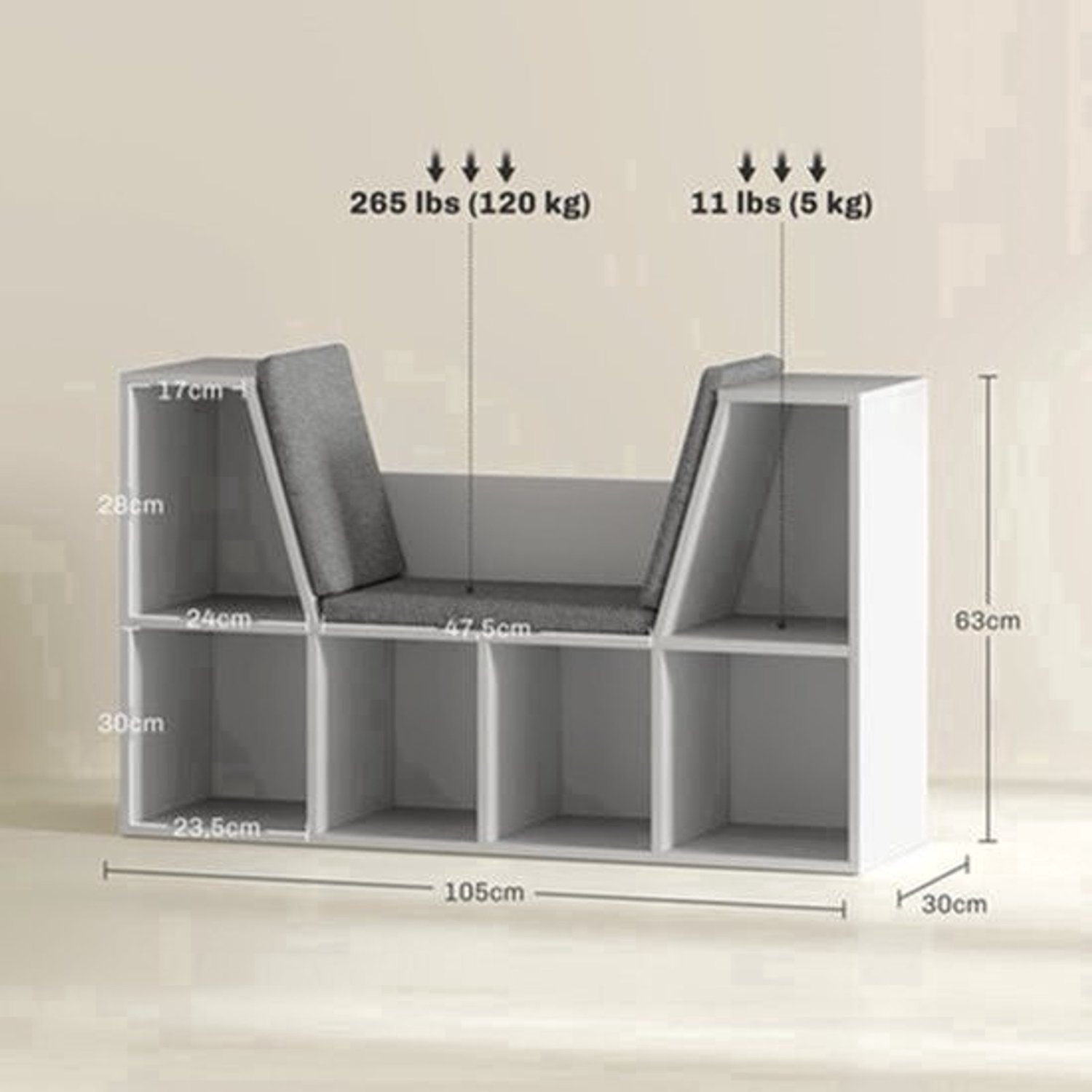 Boekenkast met Zithoek – Boekenkast – Opbergmeubel – Zitbank – Leeshoek – Wit – 6 Compartimenten – Gestoffeerde Zitting – 105x30x63 cm