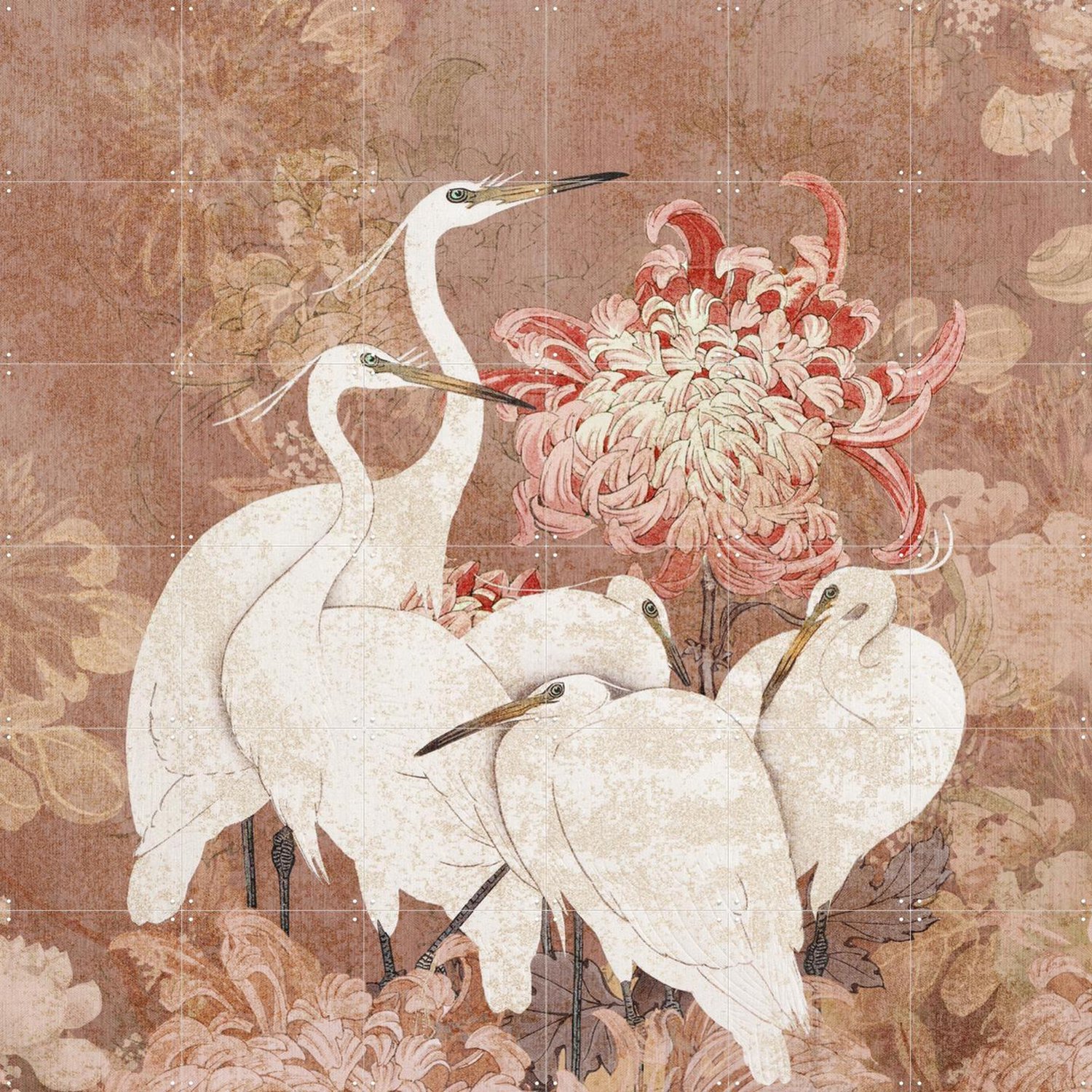 IXXI Dreamy Japanese Crane Birds and Bloom Garden, Bloomery Decor - 120 x 120 cm - Grote wanddecoratie en posters - Vintage, Decoratieve kunsten Beige / Bruin