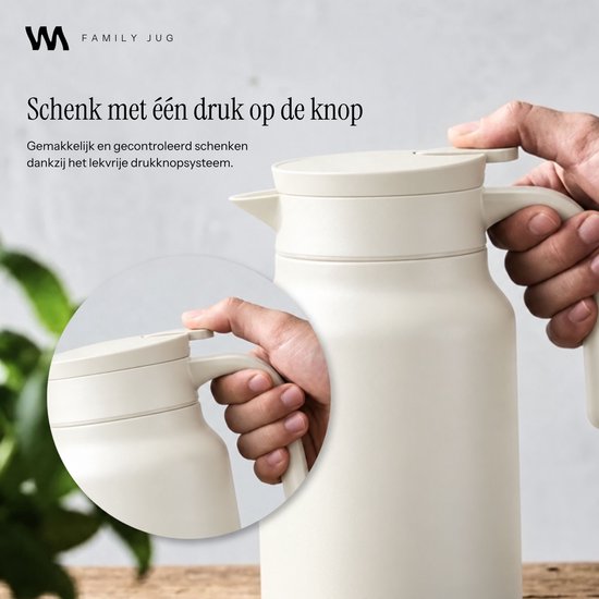 VANN® 3-wandige RVS Thermoskan 1.5L – Isoleerkan – Schenkkan met Drukknop – Voor Koffie, Thee, IJswater & Meer – VANN® Family Jug – Off White — cadeau in Koken & Dineren - foto 5
