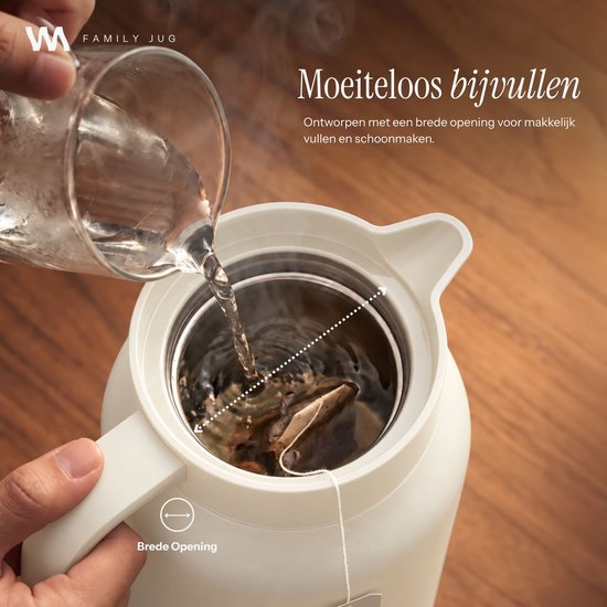 VANN® 3-wandige RVS Thermoskan 1.5L – Isoleerkan – Schenkkan met Drukknop – Voor Koffie, Thee, IJswater & Meer – VANN® Family Jug – Off White — cadeau in Koken & Dineren - foto 3