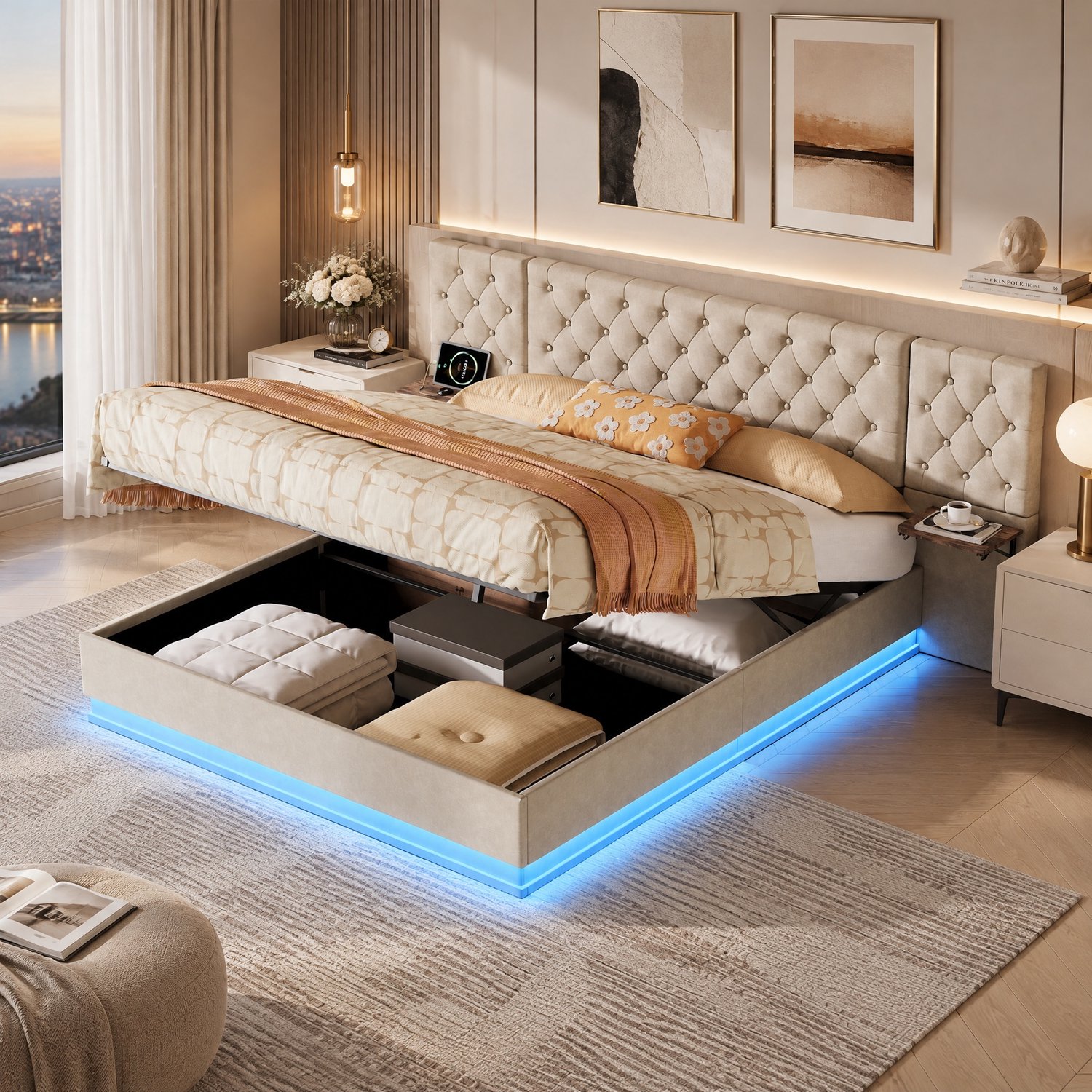 Opbergbed 160x200 cm met ledverlichting en USB-poorten, Tweepersoonsbed met hydraulische lift, Gestoffeerd met 2 houten planken, Linnen Beige