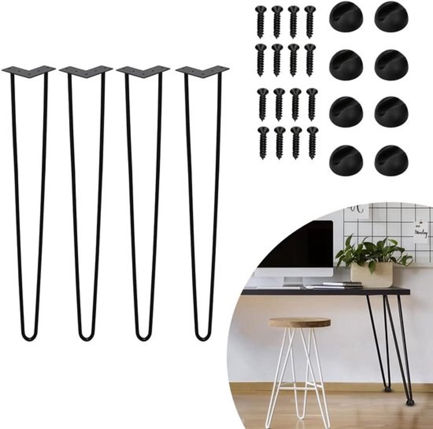 Set van 4 haarspeldtafelpoten - Metaal - Meubelonderstellen op middenhoogte - Zwart