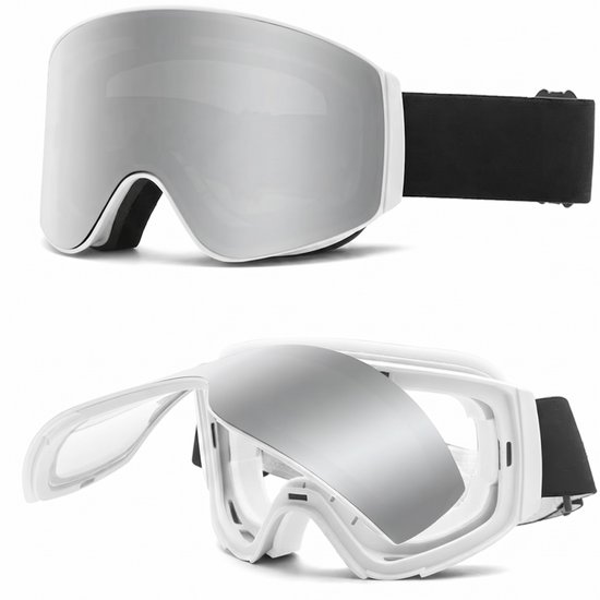 Luckystar Skibril & Snowboardbril – Magnetisch Klapbaar & Folding Systeem – Randloos Mirrored Design – Dubbel Anti-condens, UV400 & OTG – Dames & Heren – Zilveren Lens