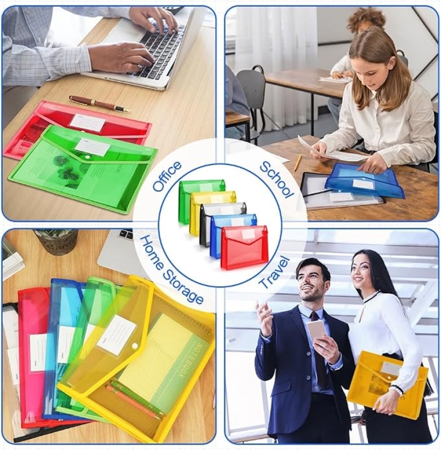 LoShop A5 plastic mappen 5 stuks, horizontaal documentenmappen met kliksluiting en kaartsleuf, blauw geel rood groen wit