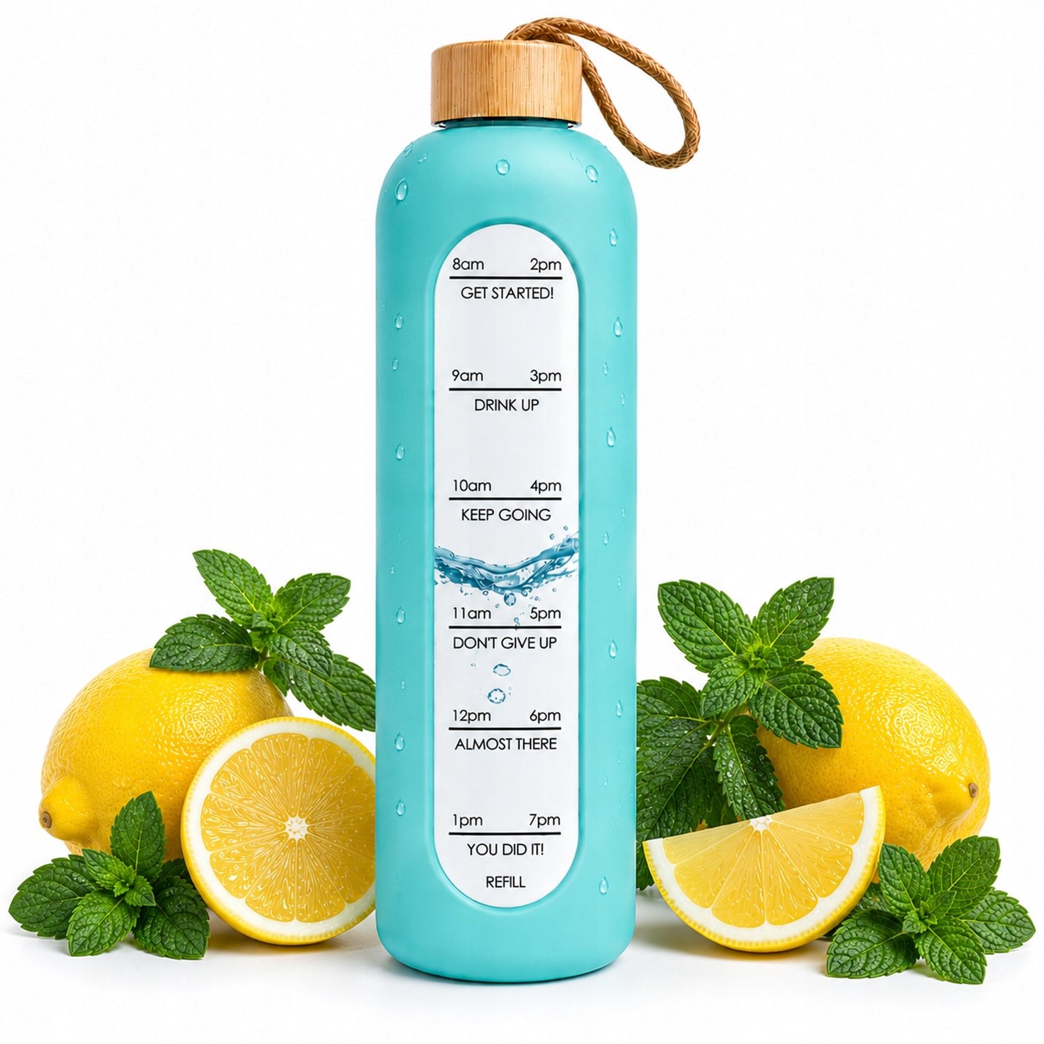 Glazen Waterfles 1000ml met Siliconen Hoes & Motivatie Maatstreep