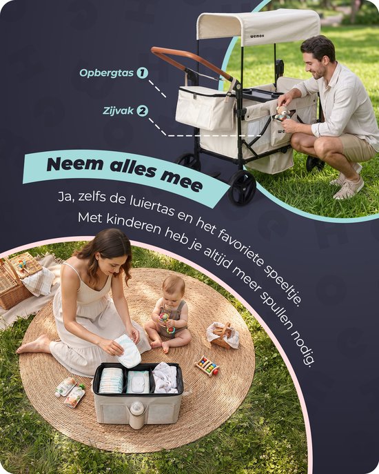 WEMOH Bolderkar voor 2 Kinderen - Opvouwbaar - Met 2 Zitjes, 5-Puntsgordels, UPF 50+ Dak, Muggennet, Duwstang & Rem - Max. 68 kg - Crèmewit — afbeelding 3