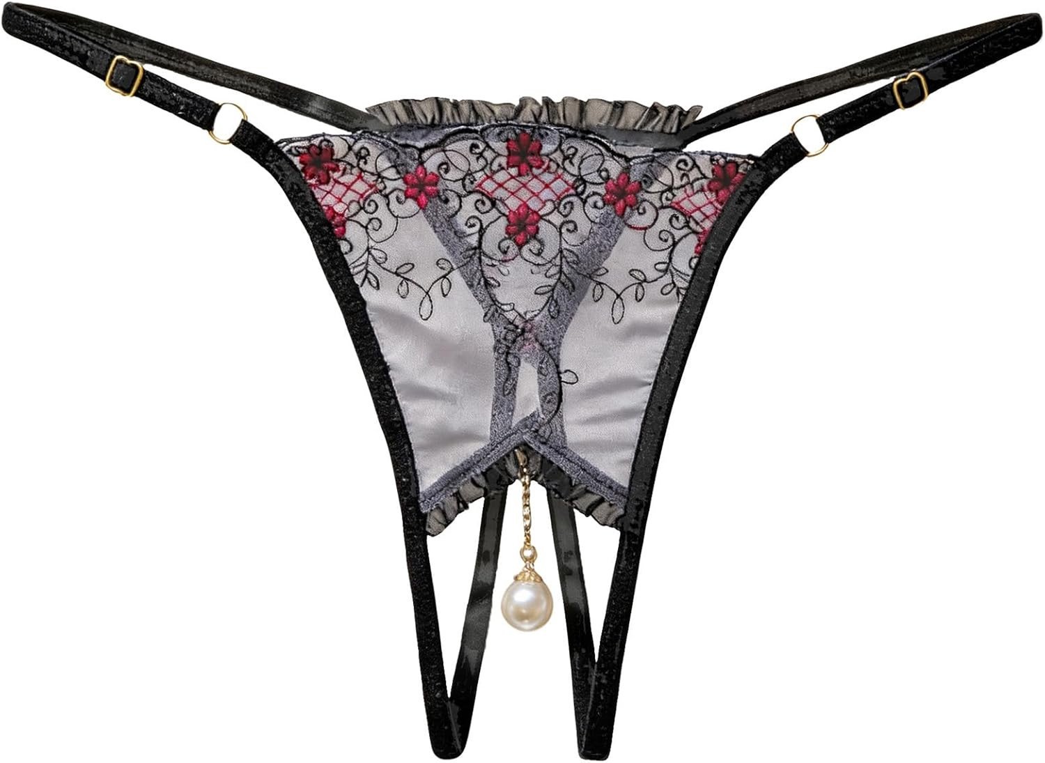 Sexy open kruis onderbroek voor dames, kanten lingerie met parelhanger, grote maten, curvy slipje, zwart, lage taille, V-string, erotische tanga voor een verleidelijke look