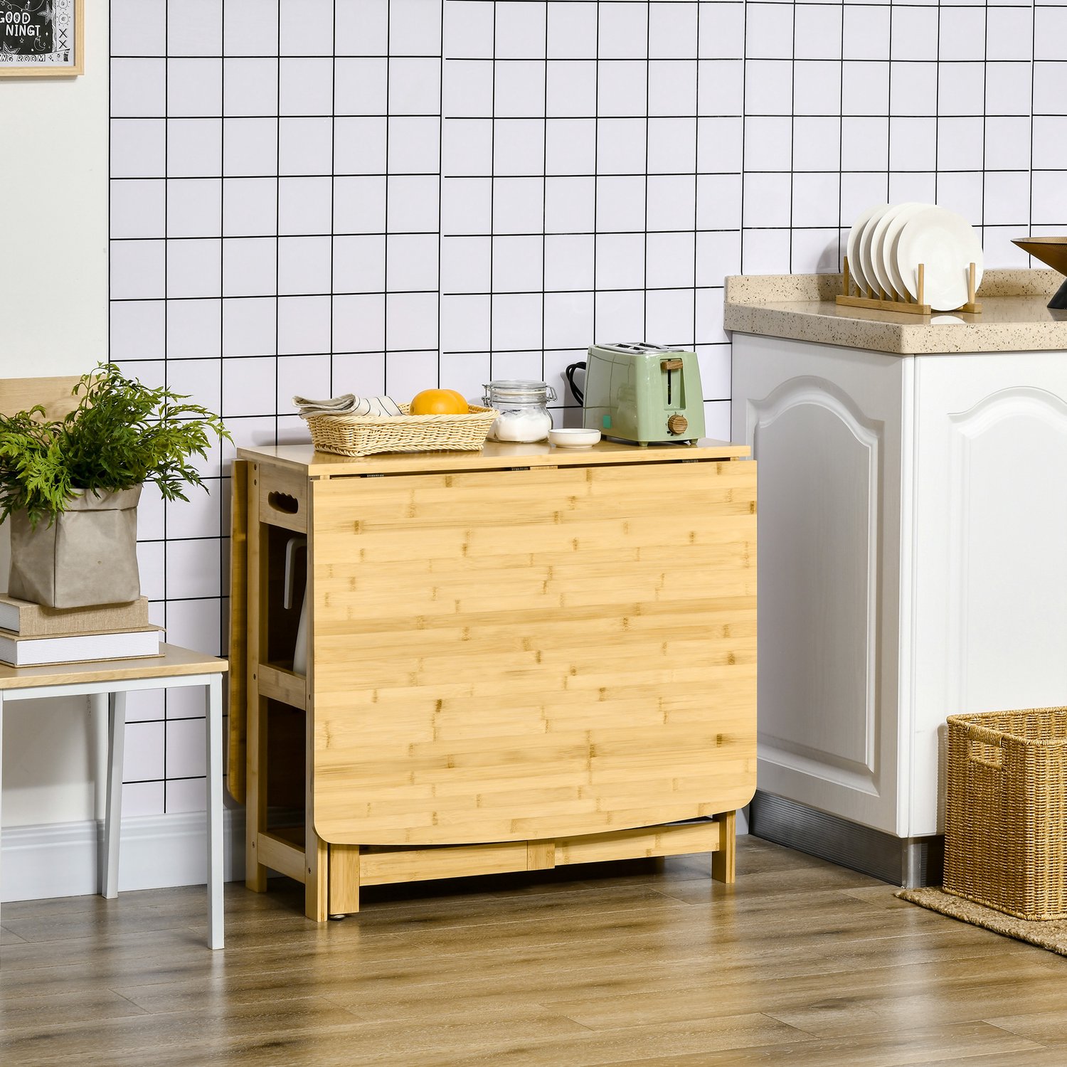 MODENUIT Eettafel - Opklapbaar Met Opbergrekken - Voor Eetkamer En Keuken - Bamboe - 149,5 x 80 x 73,5 Cm Natural Wood