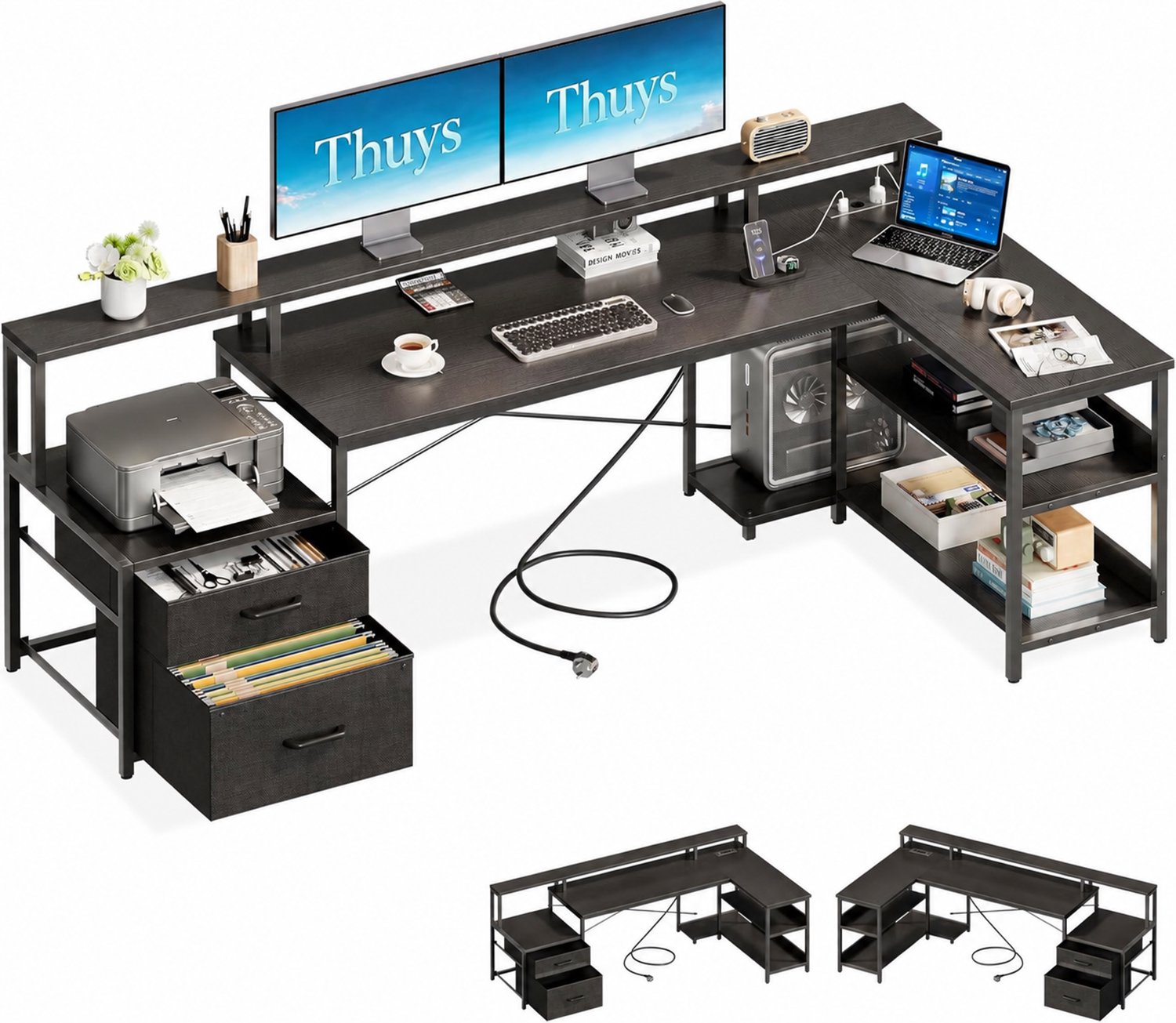 Thuys Hoekbureau – L-vormig Bureau met 2 Stoffen Laden – 189,3 x 100 cm – Monitorstandaard – 2 Stopcontacten en 2 USB-poorten – Omkeerbaar – Zwart