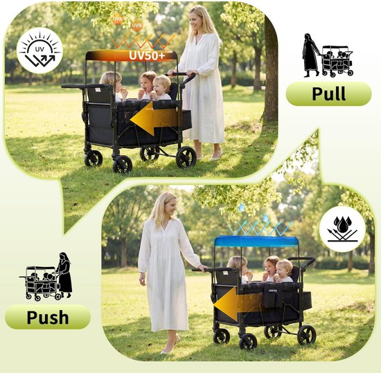 Kinderwagen 4‑zits All‑Terrain - Opvouwbaar - 360° wielen - Vijfpuntsgordel - Verstelbare duw‑ en trekhendel - Verwijderbare kap - Snackblad - XXL opbergruimte — afbeelding 5