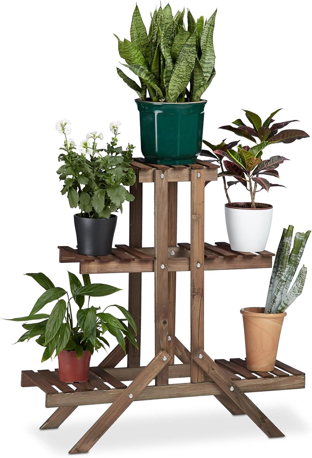 Famanu – Plantenrek met 3 etages van hout, plantentrap voor binnen, decoratie met afmetingen van ca. 82,5 x 83 x 28,5 cm, donkerbruin