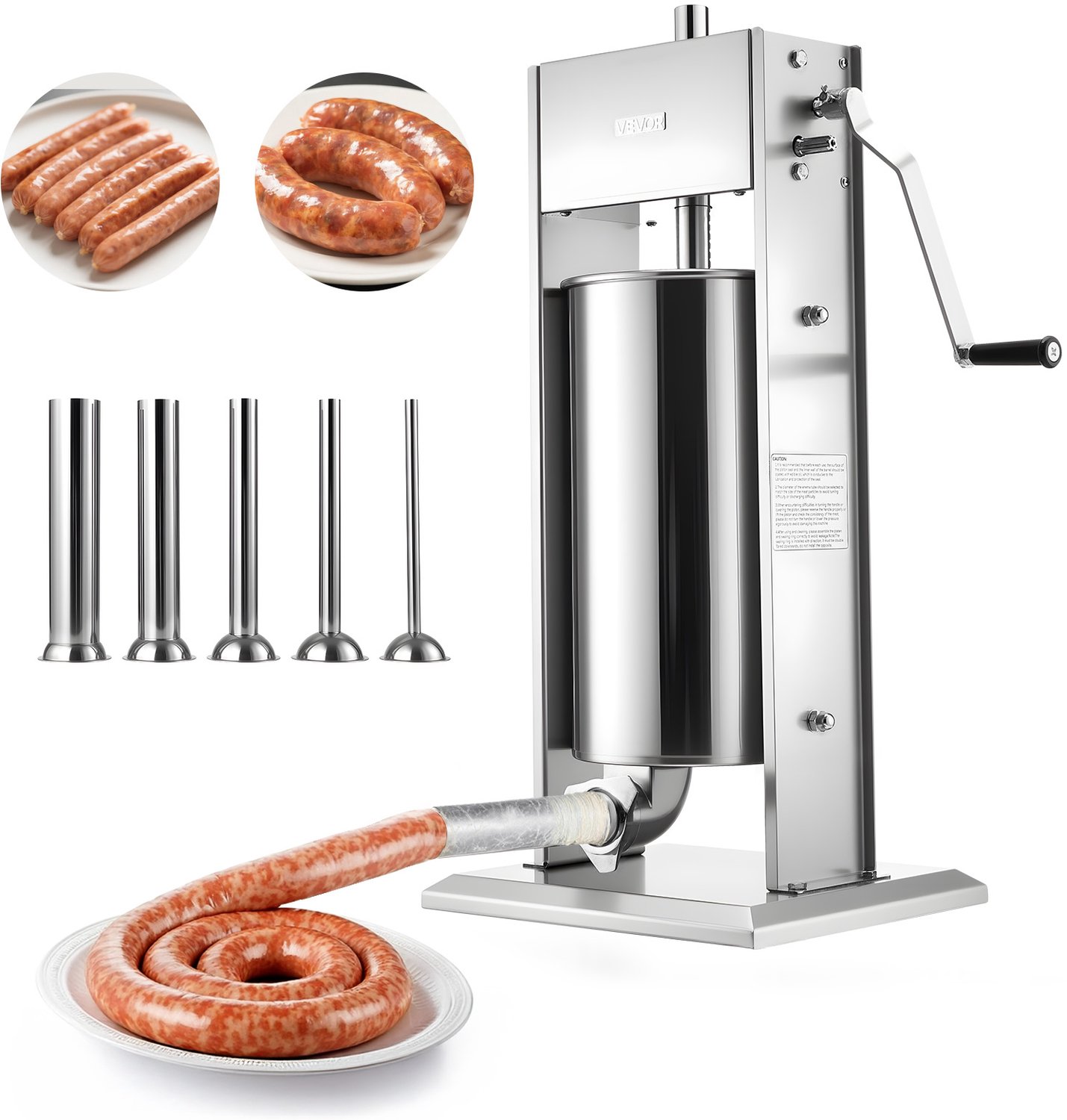 VEVOR Handmatige Worstvuller 15 L, Verticale Worstvulmachine met 2 Snelheden (Snel/Langzaam) & 5 Vulbuizen & Handvat, Roestvrijstalen Vleesvuller voor Commercieel & Thuisgebruik