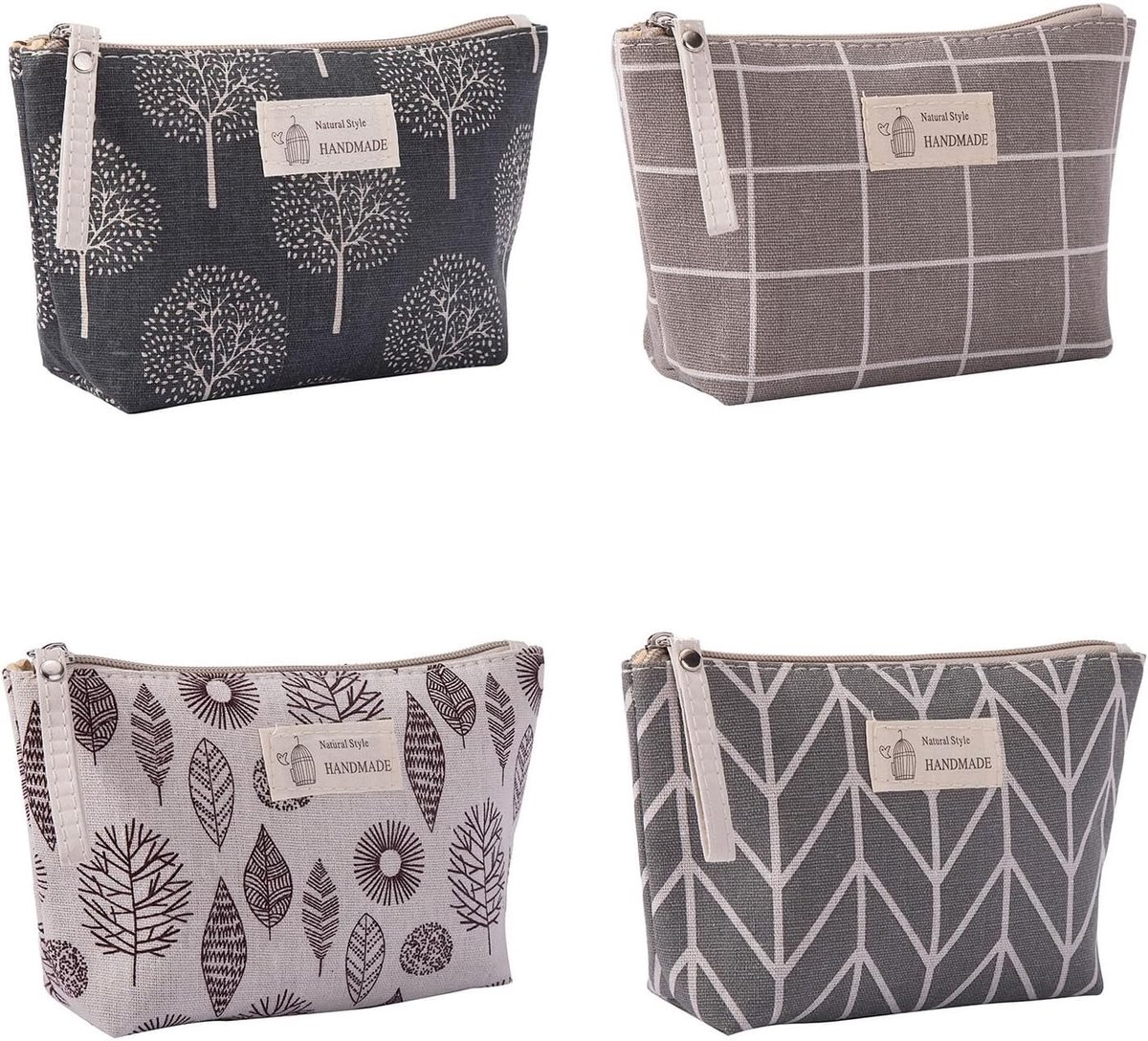 Multifunctionele Linnen Make-up Tas, 4-delige Set met Afdrukken, Ideaal voor Cosmetica Opslag en Reizen