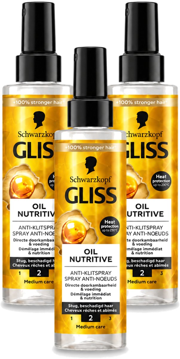 3 x Gliss - Hair Repair - Anti-Klitspray - Oil Nutritive - Makkelijk Doorkambaar Haar - 200 ml - Voordeelverpakking - 3 stuks