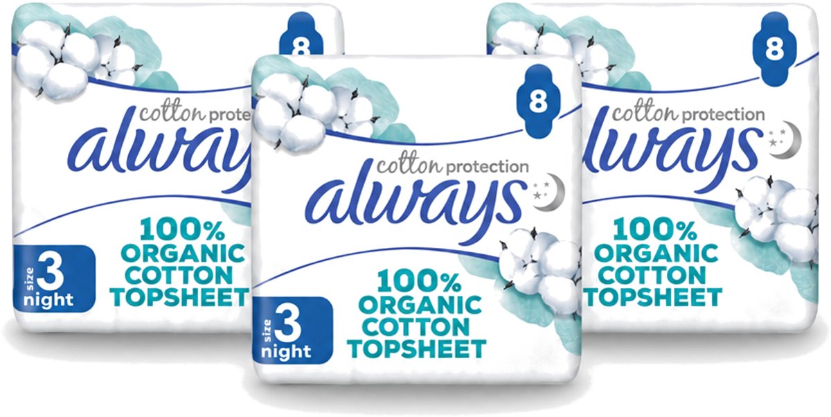 3 x Always - Maandverband - Night - Cotton Protection - Met Vleugels - 8 Maandverband - Bulkverpakking - 3 stuks