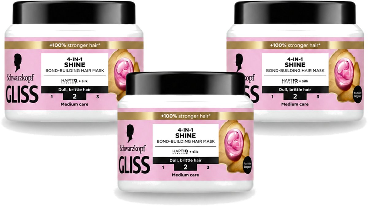 3 x Gliss - Haarmasker - 4in-1 Hair Mask - Voor Zijdezacht en Glanzend Haar - 400 ml - Voordeelverpakking - 3 stuks