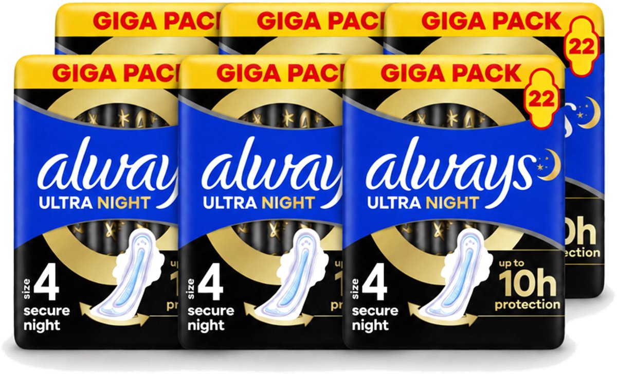6 x Always – Maandverband – Ultra Secure Night – 22 stuks - Voordeelverpakking - 6 stuks