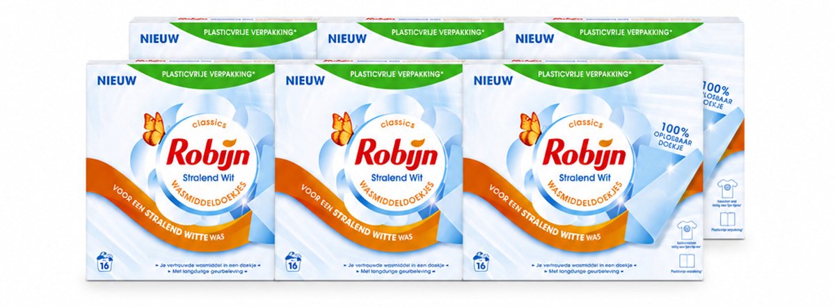 6 x Robijn Classics - Stralend Wit - Wasmiddeldoekjes - 16 Wasstrips - Voordeelverpakking - 6 stuks