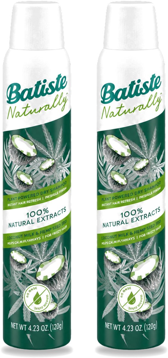 2 x Batiste - Naturally Coconut Milk & Hemp Seed Oil - Droogshampoo - Anti-Pluis en Verfrist - 100% Natuurlijk - 200ml - Voordeelverpakking - 2 stuks