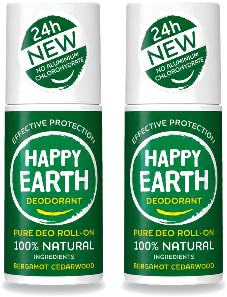 2 x Happy Earth – Deodorant Roll-On – 100% Natuurlijk Bergamot Cedarwood – 75 ml - Voordeelverpakking - 2 stuks