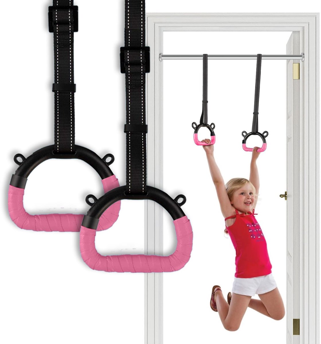Gym Rings Pink Gymnastic Rings for Kids - 2 Sturdy Rings with Adjustable Straps (16–55 cm) - Non-Slip Wrap - ShopVlot