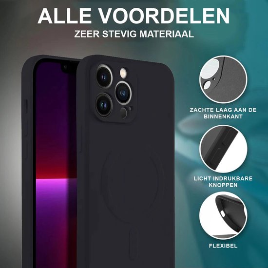 Zwart telefoonhoesje toont de zachte binnenkant, drukknopen en flexibiliteit. Een iPhone met paars scherm is in het hoesje geplaatst.