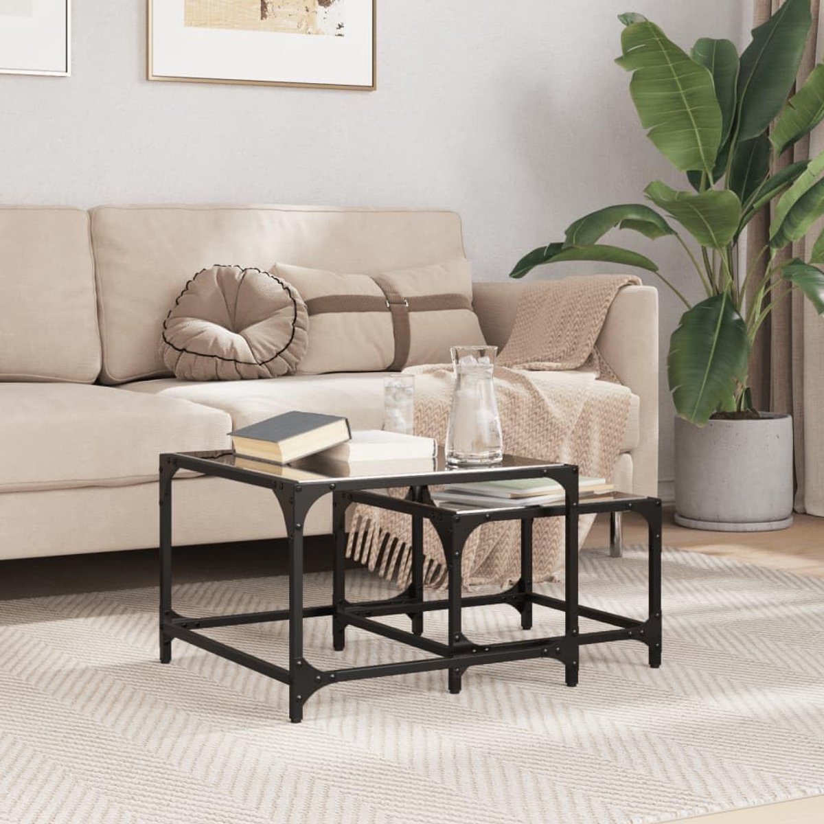 Set van 2 salontafels van glas en staal, zwart