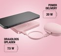 Roze powerbank met 7.5W draadloos opladen en 20W Power Delivery via USB-C kabel.