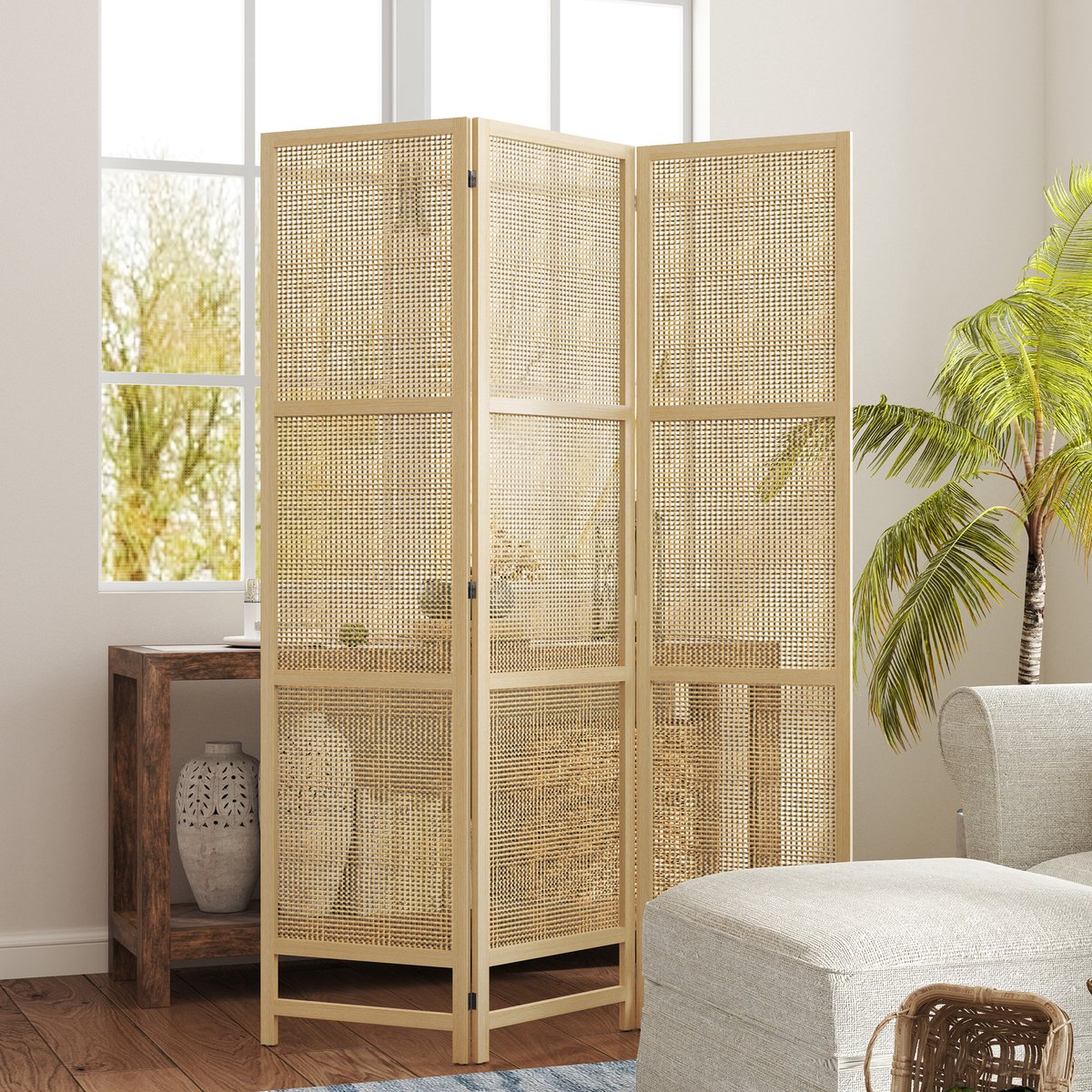 OKWISH Kamerscherm Vouwbaar – 3-Delig – 135 x 180 cm – Hout En Kunststof – Natuurlijk Hout – Voor Privacy En Ruimteverdeling Thuis Naturel hout