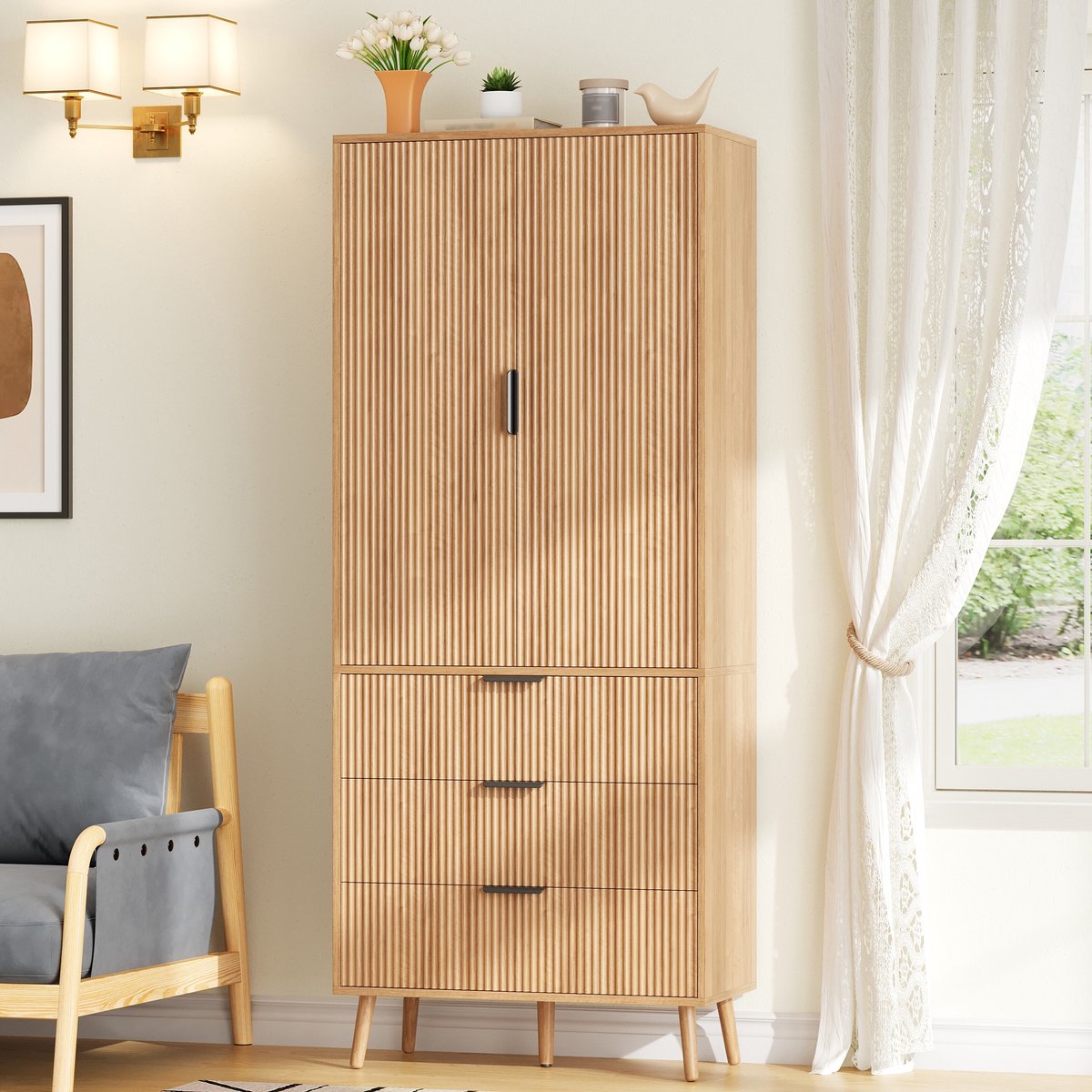 MIVRAY Keukenkast - Hoge Opbergkast Met 2 Deuren En 3 Lades - Voor Keuken, Woonkamer En Eetkamer - MDF - 75x35x180 Cm - Naturel