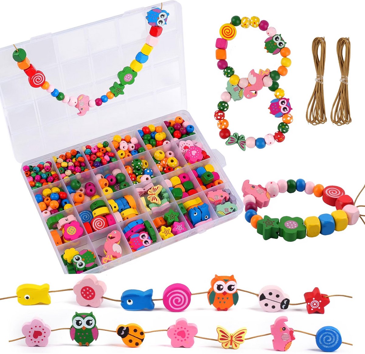 Houten kralen kinderen - Armbandjes zelf maken - Dieren bloemen rijgen - Kettingen feestdecoraties knutselen - Twee koorden inbegrepen - Vakkenbox houdt overzicht - Meerkleurig - 433 stuks vanaf 4+