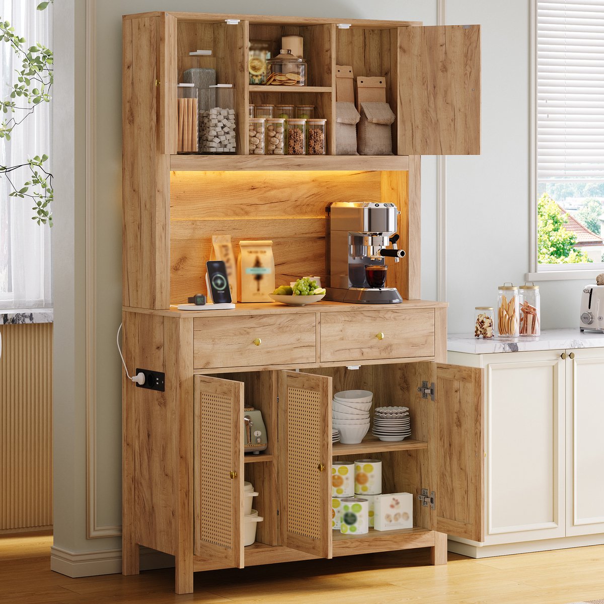 MIVRAY Keukenkast - Hoge Opbergkast Met Ledverlichting En Stopcontacten - Voor Keuken Eetkamer En Woonkamer - MDF - 100 x 40 x 180 Cm - Naturel