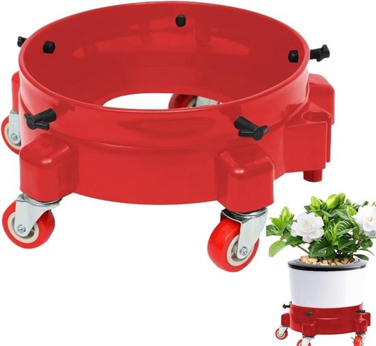 Rollende emmerwagen - Mobiele trolleyhouder - Voor autowassen - Met vijf soepele wielen - 10L x 10W x 10H mm - Rood