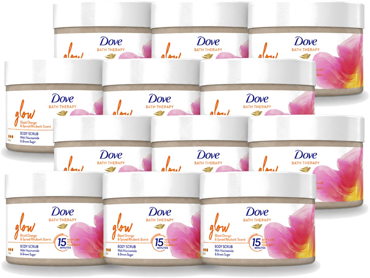 12 x Dove Bath Therapy Glow - Bodyscrub - Bloedsinaasappel & Rabarber - 295 ml - Voordeelverpakking - 12 stuks